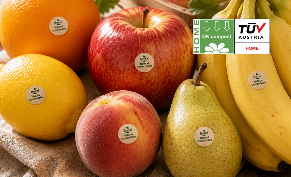 frutas etiquetadas con bond natural compostable certificado ok compost home y ok compost industrial